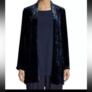 EILEEN FISHER  M Blue Black Dapple Silk Velvet Open Jacket ~ Pockets ~ NWT $498
